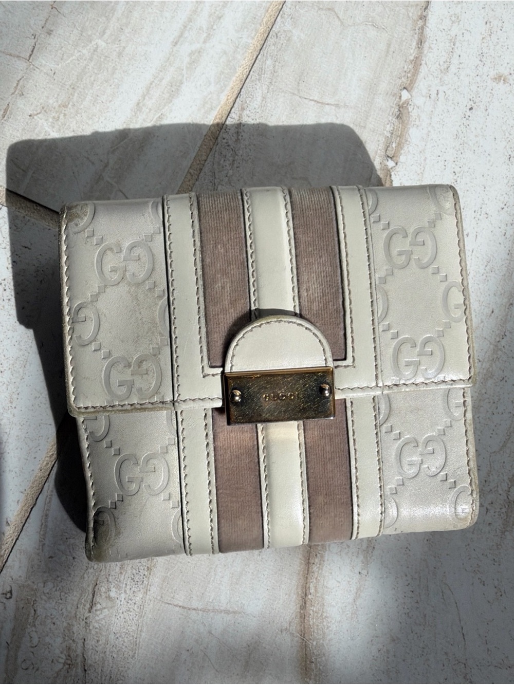 Gucci Cream Leather Embossed GG Wallet with Taupe Stripes